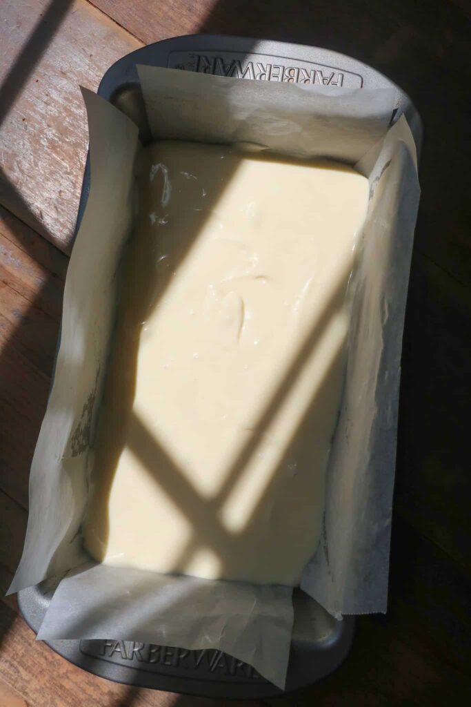 loaf pan cheesecake batter ready to bake