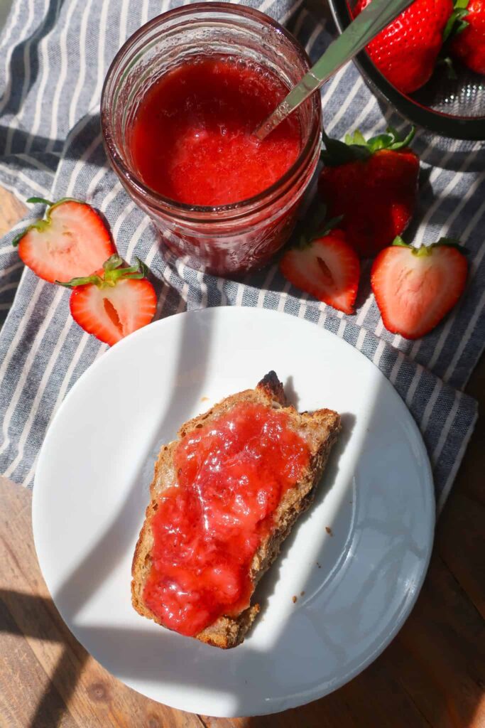 strawberry rhubarb compote on piece of toast
