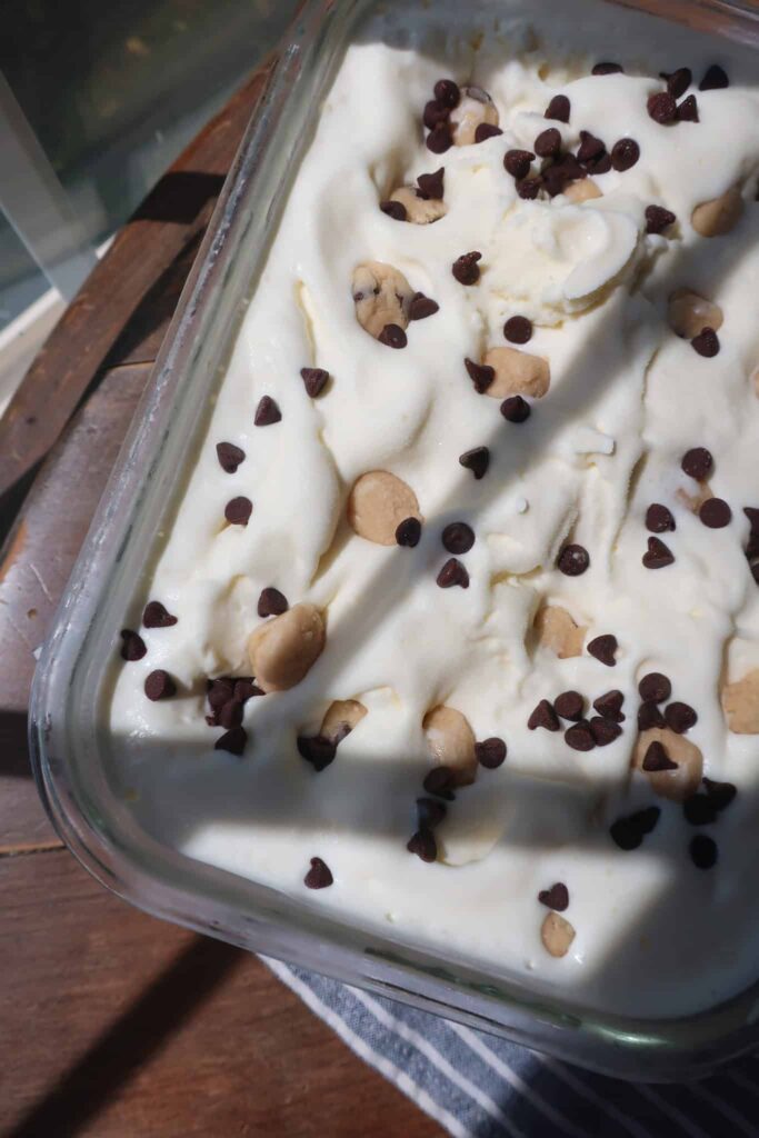 frozen yogurt recipe with chocolate chips and cookie dough in container