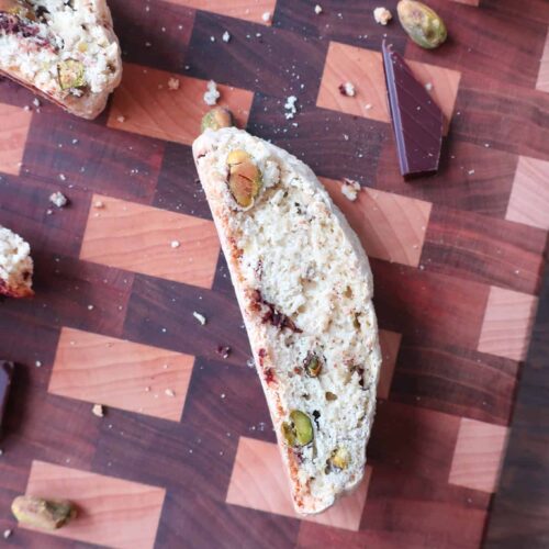 homemade biscotti with dark chocolate and pistachios