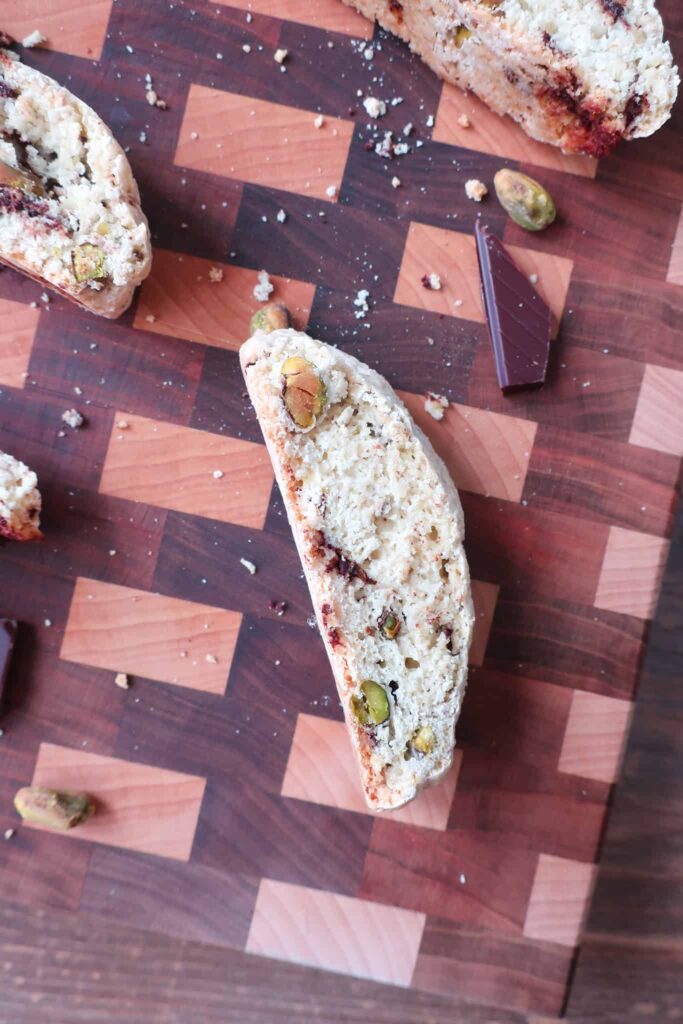 homemade biscotti with dark chocolate and pistachios