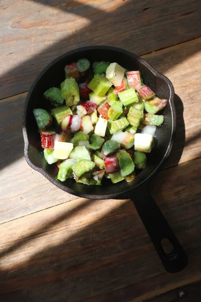fresh rhubarb in small skillet