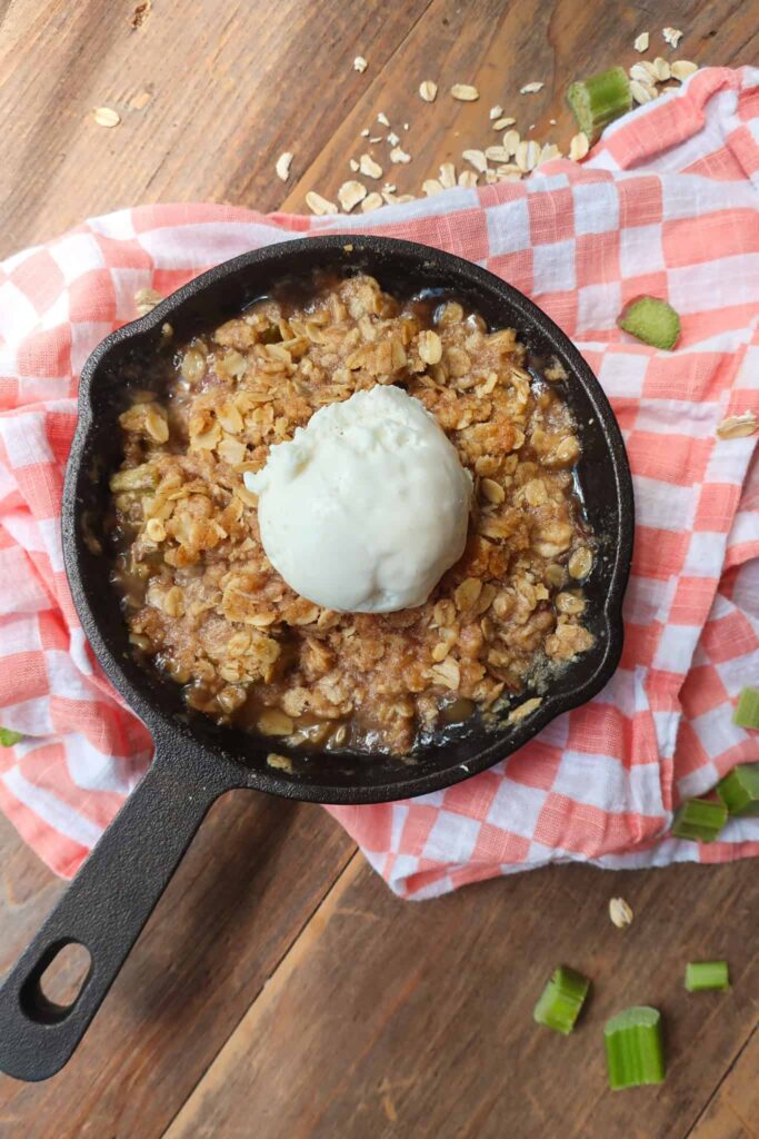 single serve rhubarb crisp with ice cream