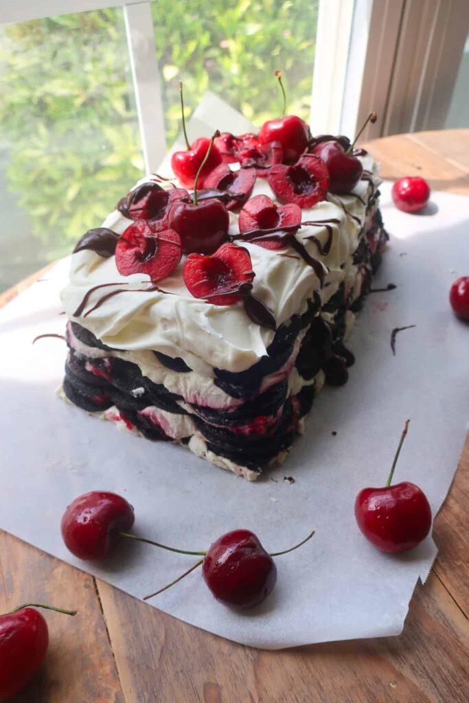 summer cherry season dessert with chocolate and whipped cream