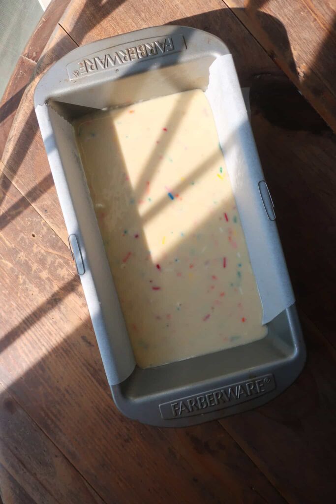 funfetti cake batter in loaf pan