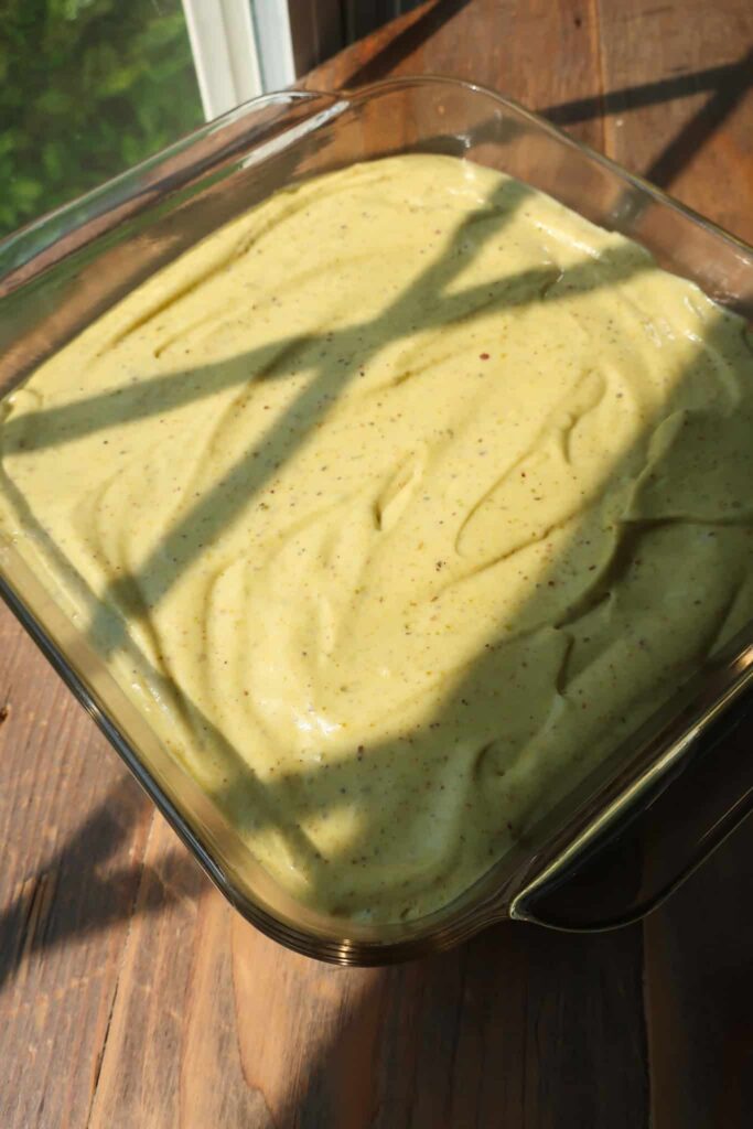 no-bake pistachio dessert before fridge