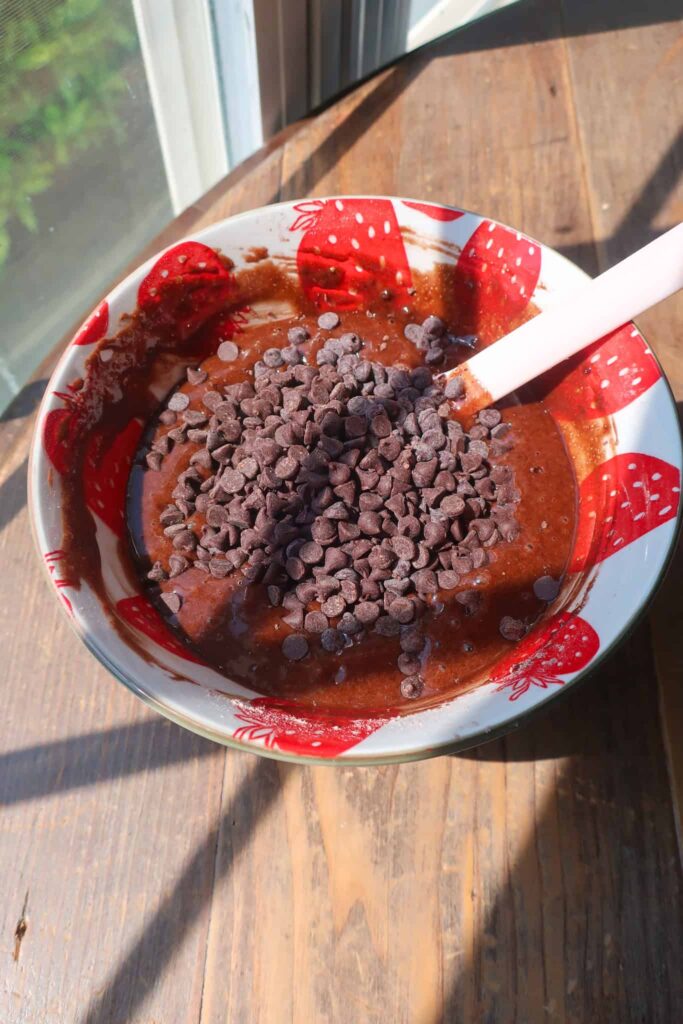muffin batter with mini chocolate chips in bowl