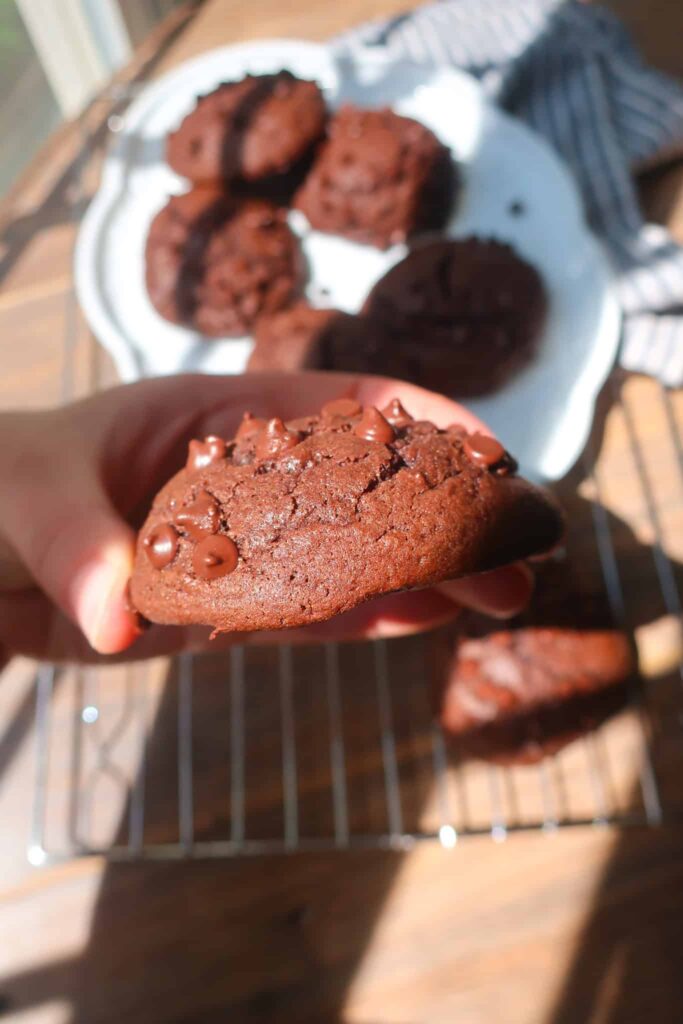 hand holding double chocolate muffin top