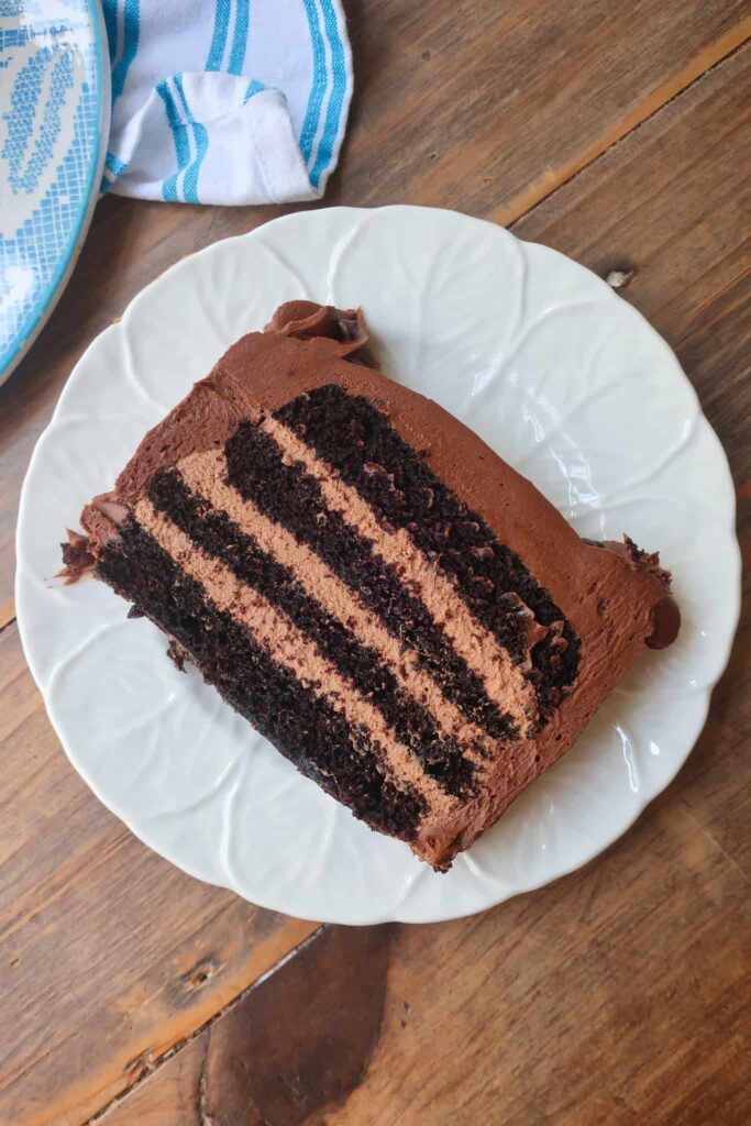 slice of triple chocolate cake