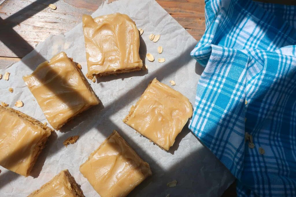 chewy oatmeal cookie bars with brown sugar glaze
