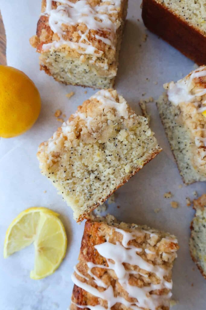 lemon poppy seed coffee cake in loaf pan