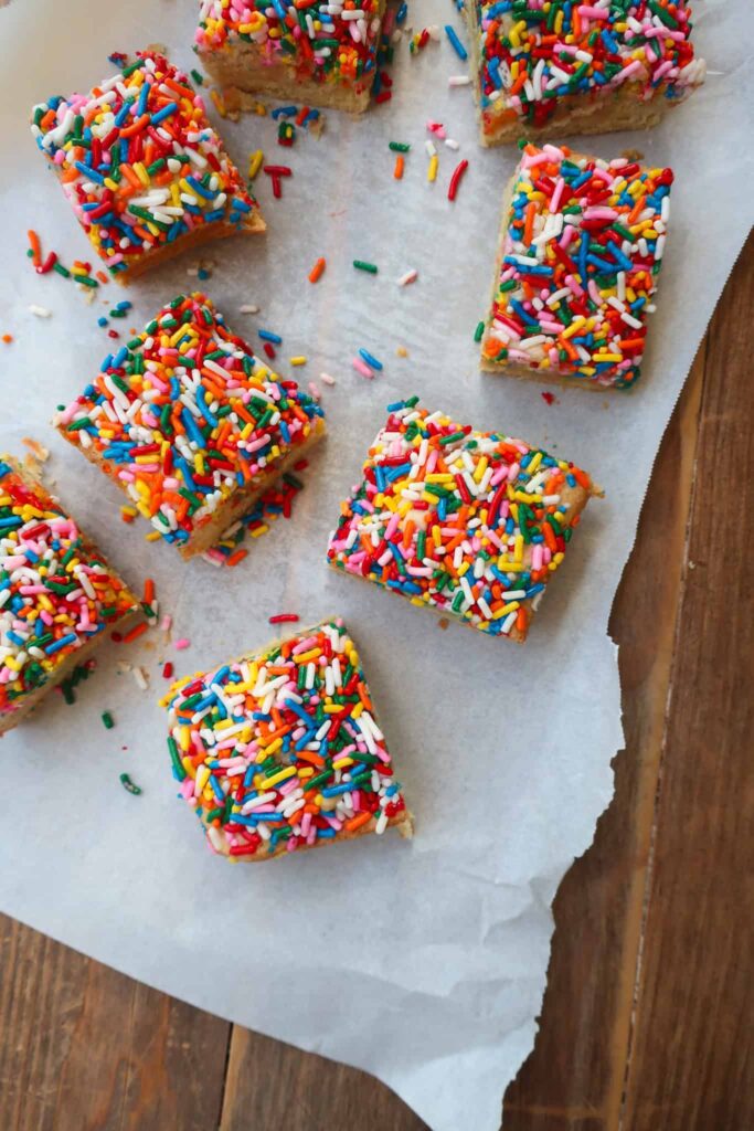 sugar cookie bars with sprinkles in loaf pan
