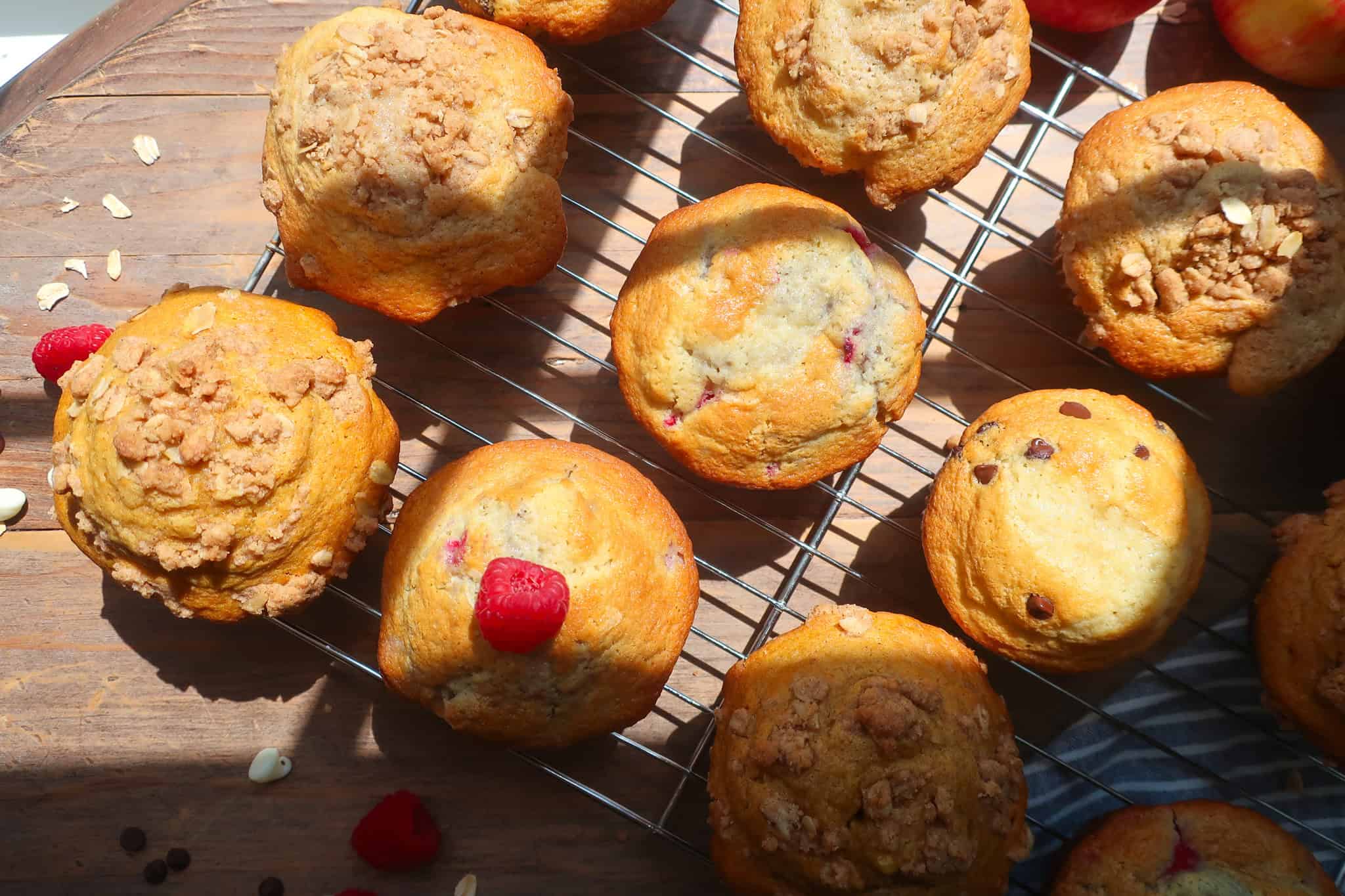 one muffin batter four flavors pumpkin apple chocolate chip raspberry white chocolate