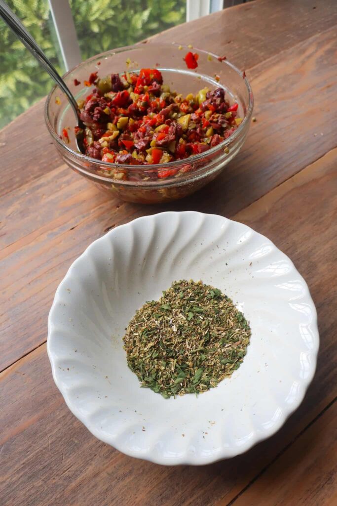 homemade olive salad and spices for stromboli