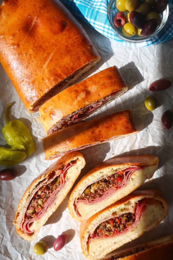 homemade stromboli with olive salad